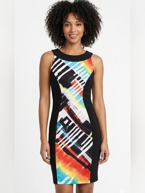 Frank Lyman Bodycon Dress Size 4 Abstract Colorblock Black Sleeveless Cocktail